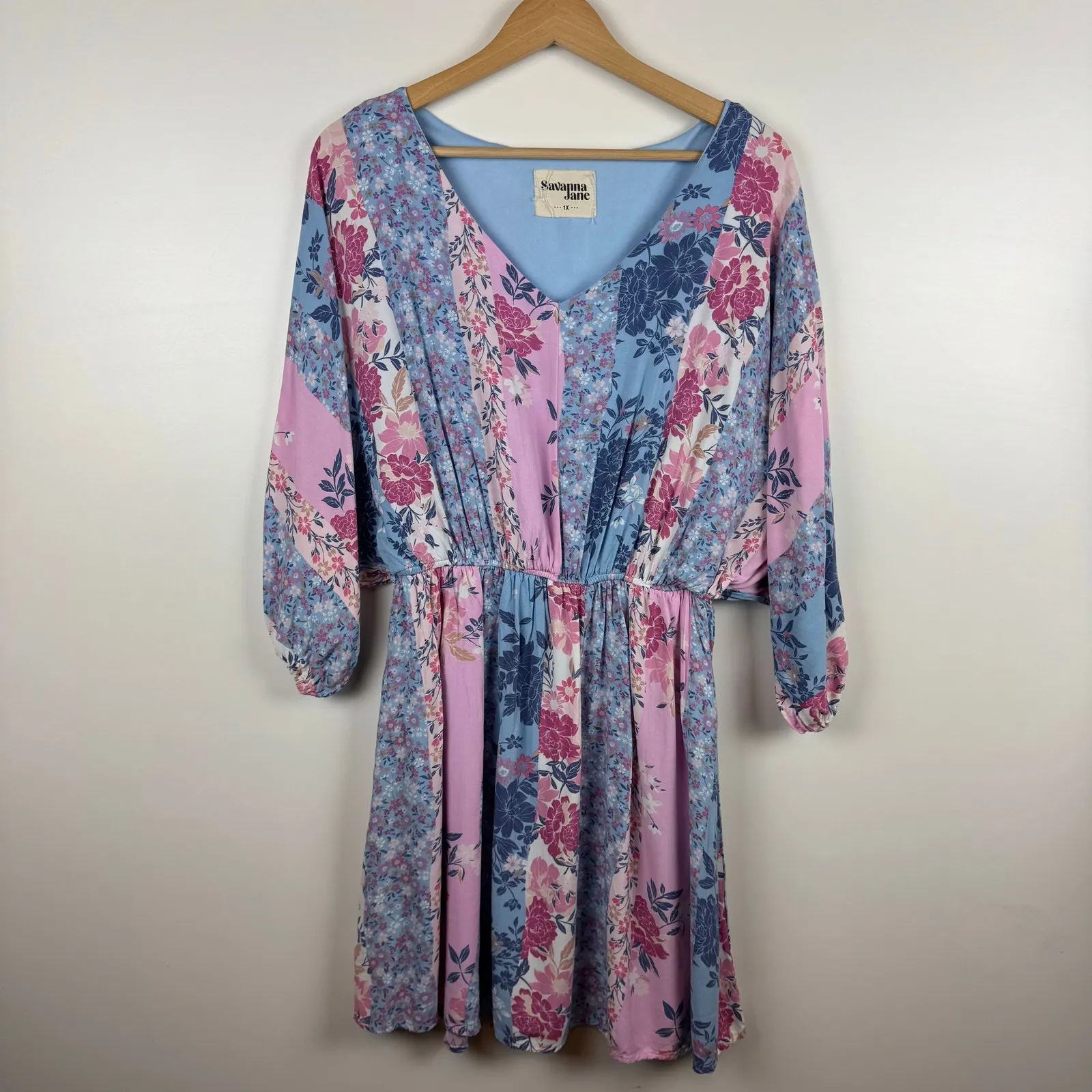 Savanna Jane Patchwork Dress Floral Print Dolman Sleeves Pastel Boho Sz 1X Girly Blue - Image 5