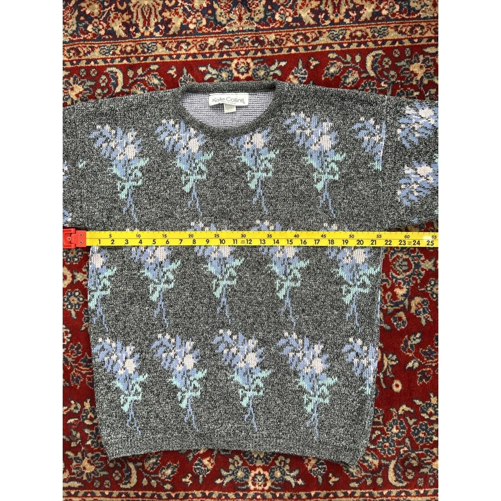 Vintage Womens Birdseye Knit Sweater Floral Pastel USA Kate Collins Sz L 80s 90s Blue Size L - Image 4