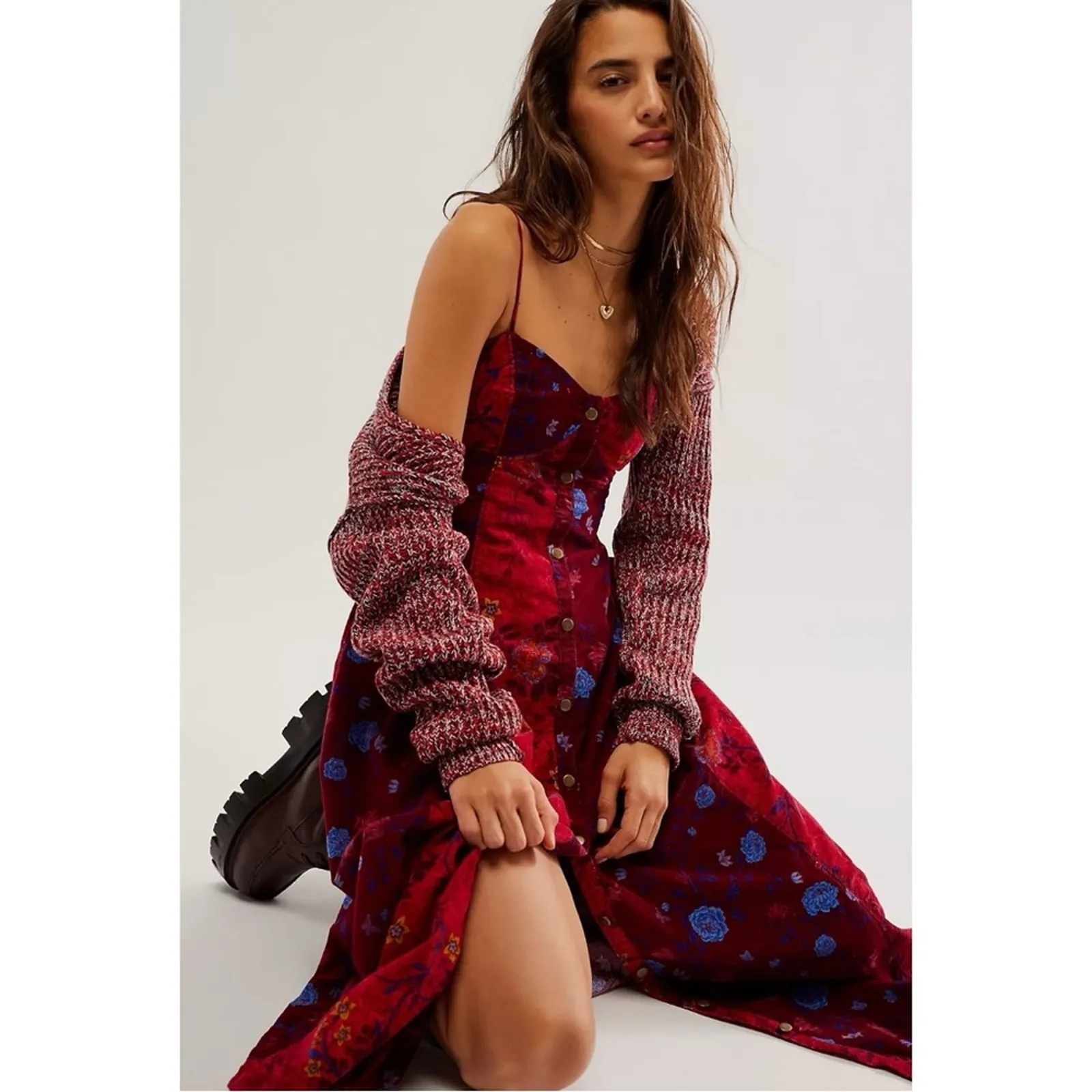 Free People Bohemian Grunge Witchy Corduroy Gail Midi Dress Scarlet Combo Small - Image 15