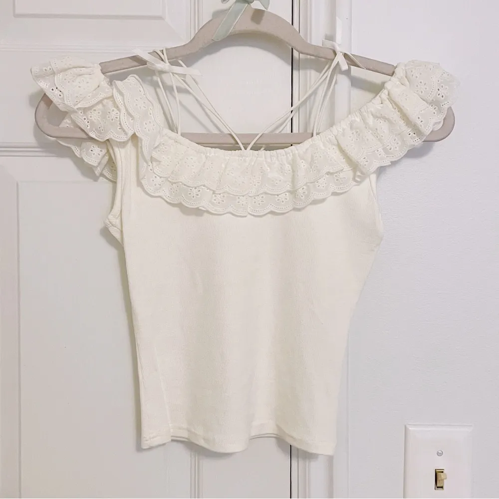 Japanese Kawaii White Cotton Off Shoulder Ruffle Lace Black Bow Shirt Blouse Top Size XS - Image 3