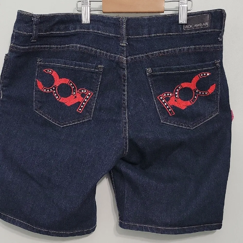 Rocawear Vintage Women's Dark Denim Shorts with Red Detailing Size 15 - Image 3