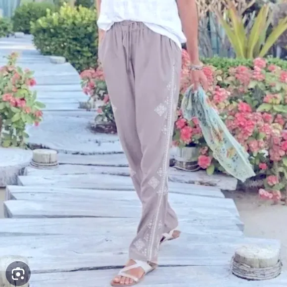 Sundance Tone It Up Embroidered Pull On Pants Grey Size S Gray - Image 2