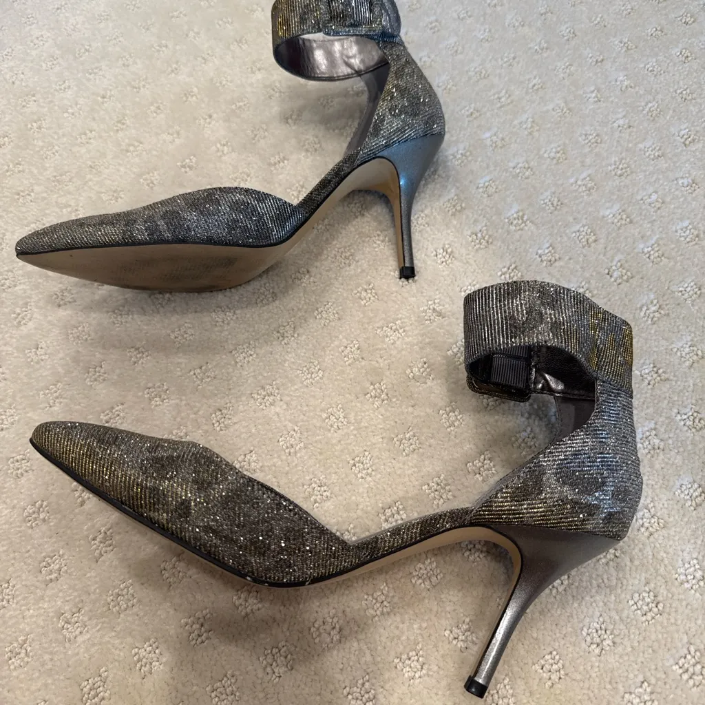 Audrey Brooke Metallic Ankle Strap Pointed Toe Heels | Size 7M - Image 6