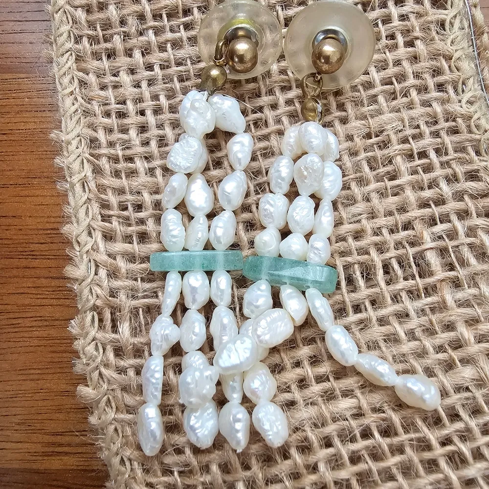 Jade & Fresh Water Pearl Long Multiple Row Dangle Bead Pierced Earrings Green - Image 4