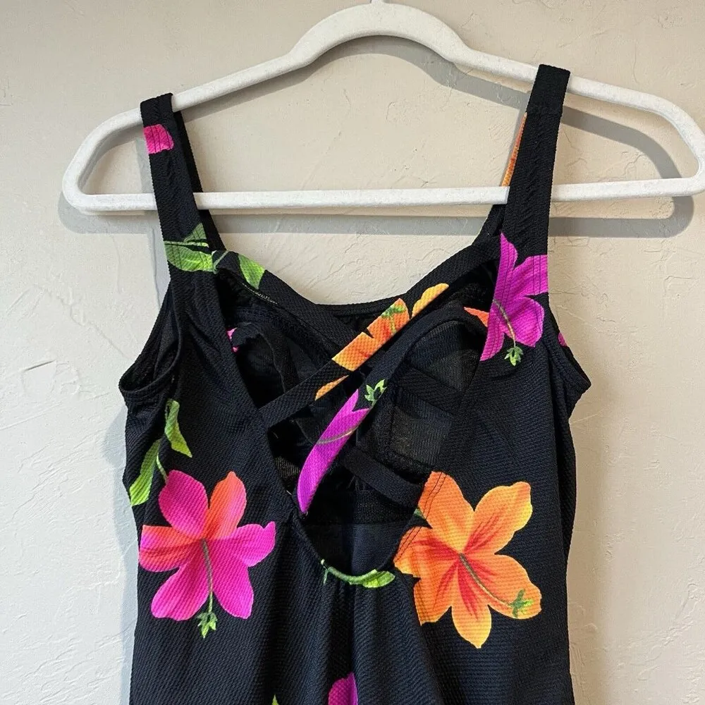 LONGITUDE Vintage floral purple green black bold colored one piece swimsuit sz 8 - Image 9