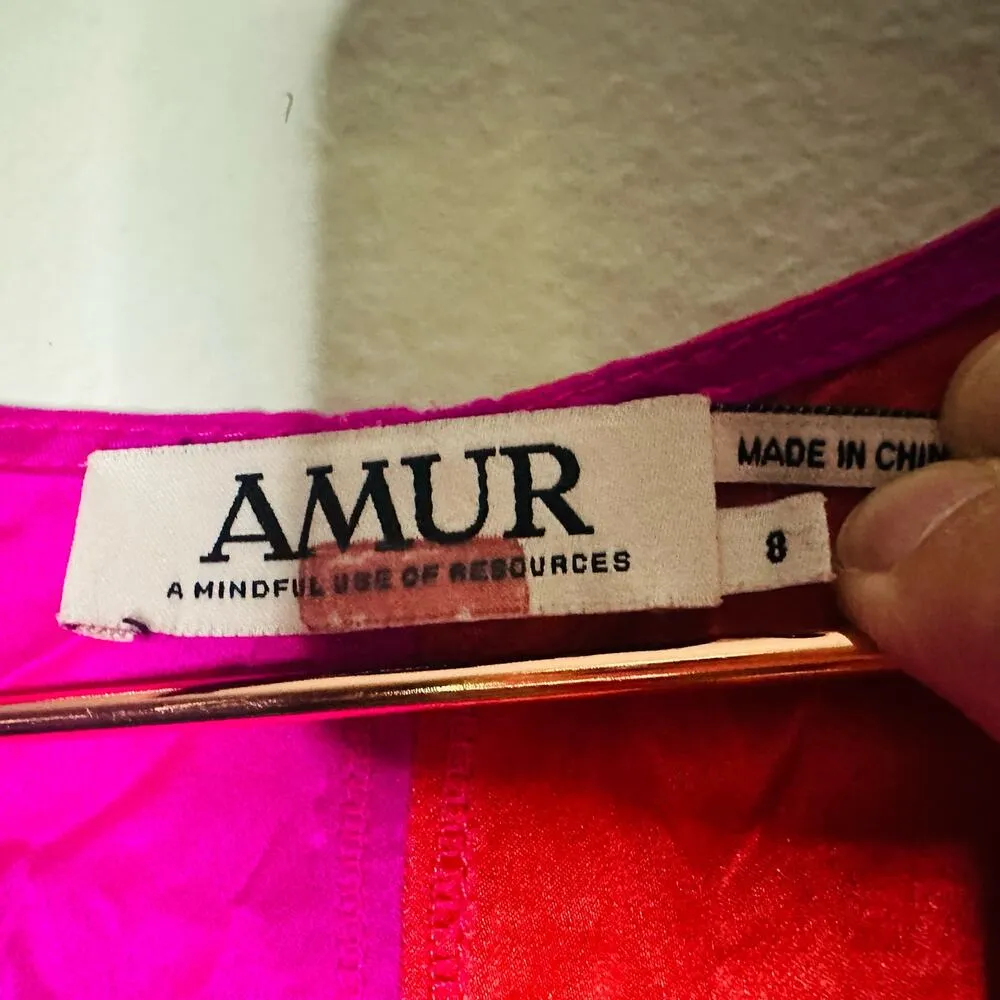 AMUR Women's Orange Pink Colorblock 100% Silk Lotta Ruched Maxi Dress Size 8 - Image 8