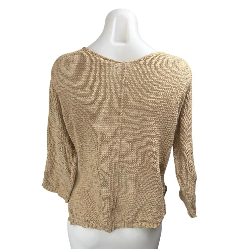 Ecru Women's Brown Tan Open Knit Long Sleeve V-Neck Crop Sweater Top Size S/M - Image 2