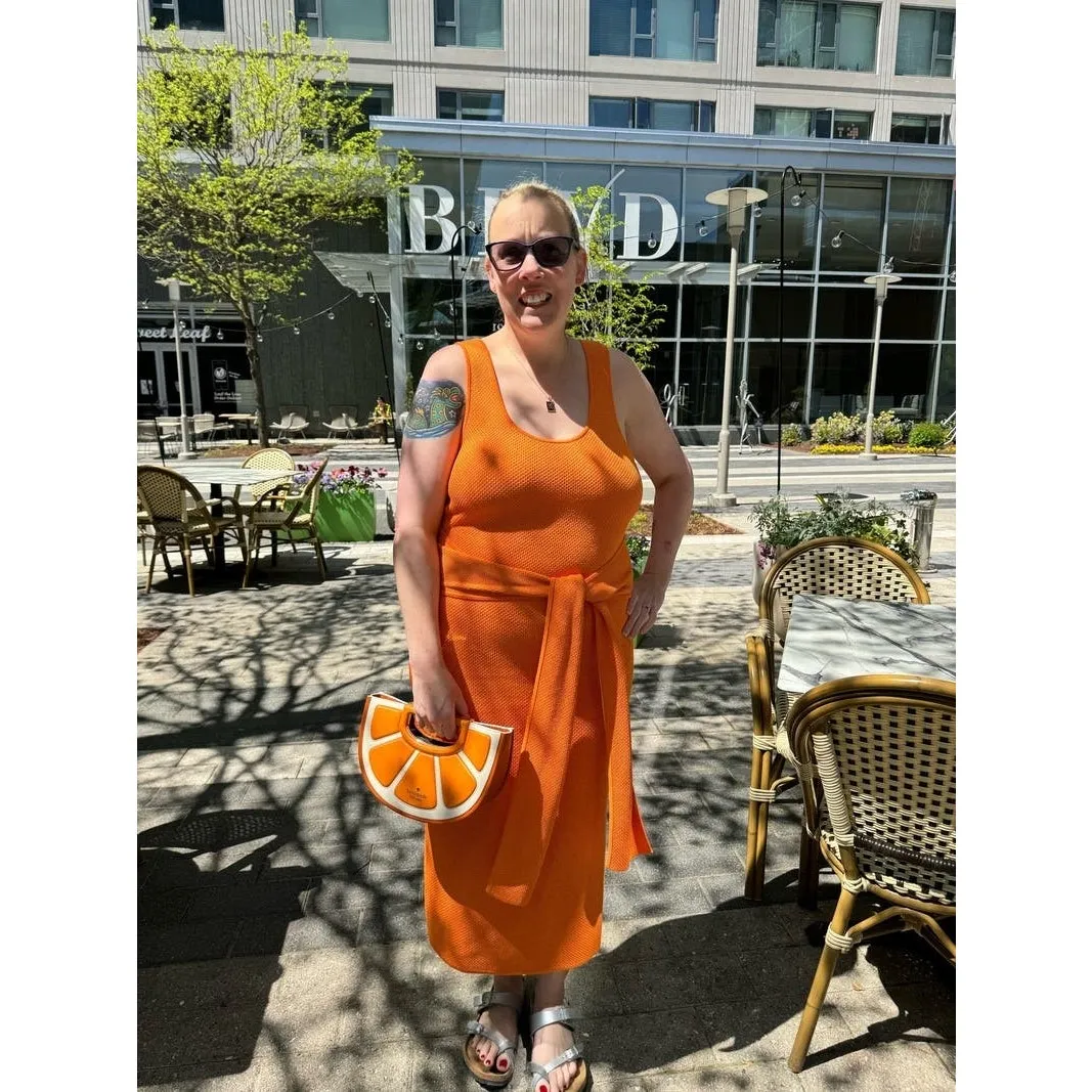 TOCCIN Orange White Knit Sweater Sheath Square Neck Lucy Midi Tie Waist Dress XS - Image 10