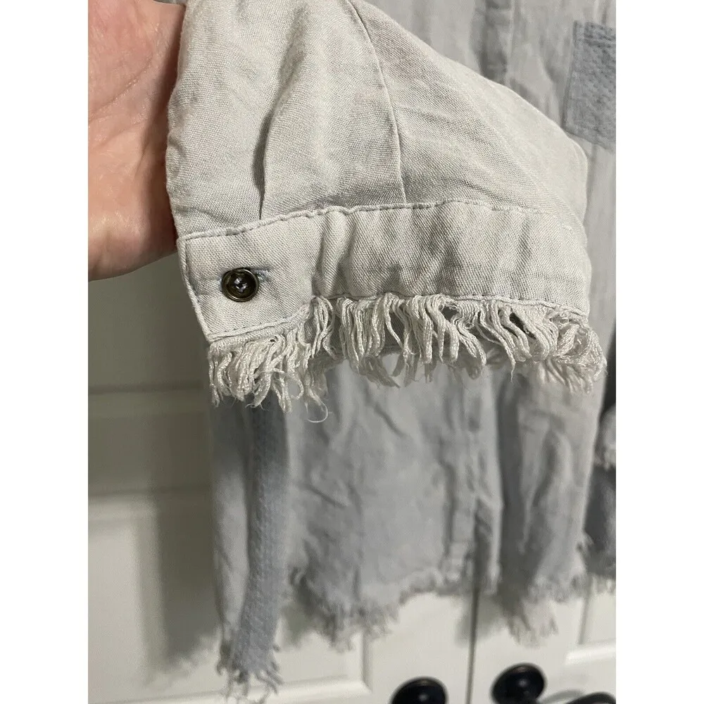 Umgee  Women Fringe Hem Button Down Shirt Gray Blue Wash 3/4 Sleeve Boho  XL - Image 9