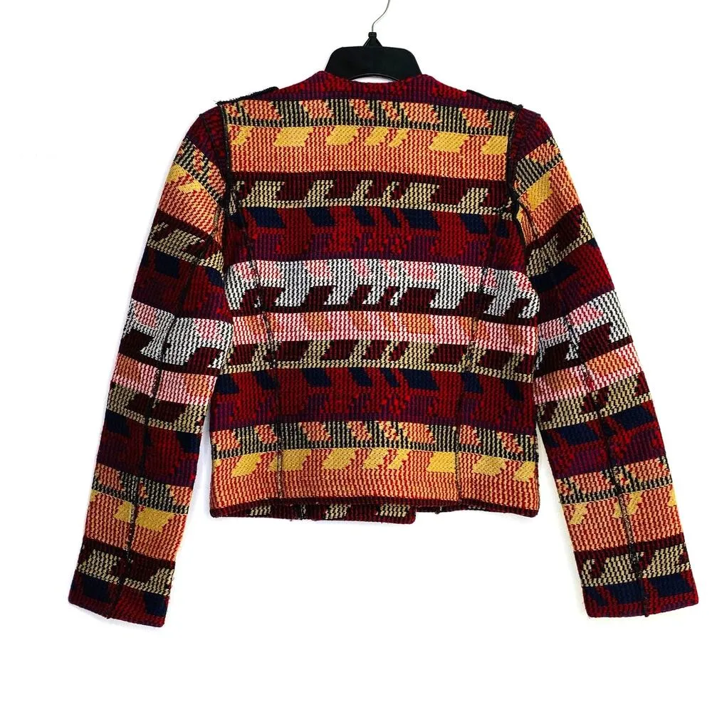 Maje Aztec Moto Jacquard Jacket Asymmetric Zip Front Sz 38 Medium Quiet Luxury - Image 5