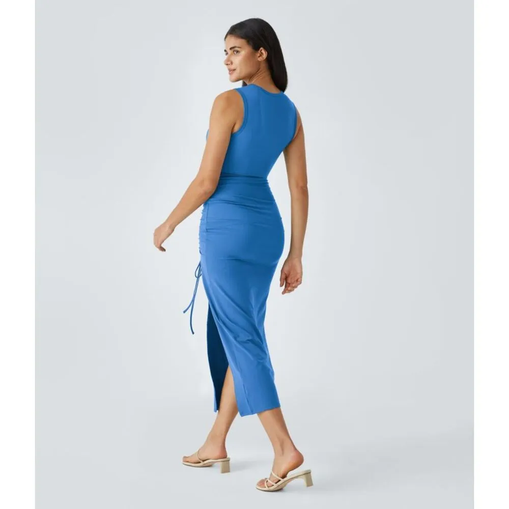 Halara Cut Out Bodycon Midi Dress High Neck Leg Slit Drawstring - Image 3