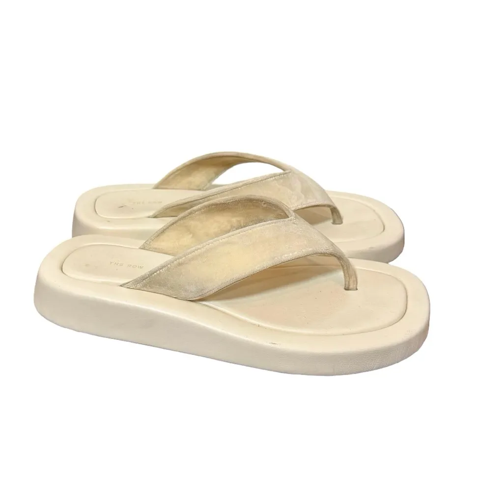 The Row Ginza Leather and Velvet Platform Flip Flops in Off White Sz:38/US8 - Image 9