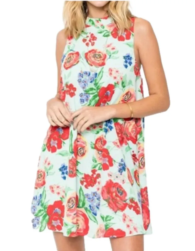 EVERLY Floral Mini Dress Women Small Halter Shift sleeveless rosette babydoll - Image 2