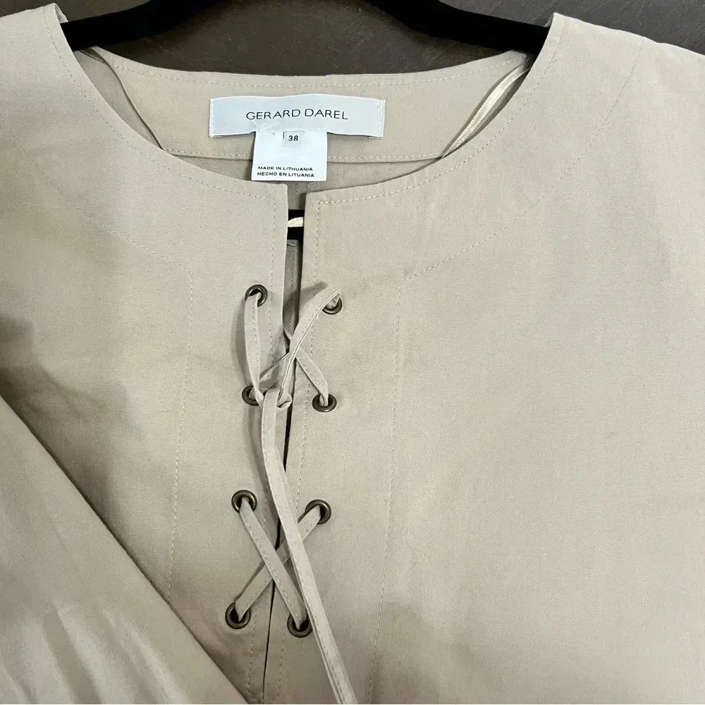 Gerard Darel Khaki Tan Shirt Dress Lace Up Front Cotton 38 M Medium Lagenlook - Image 4