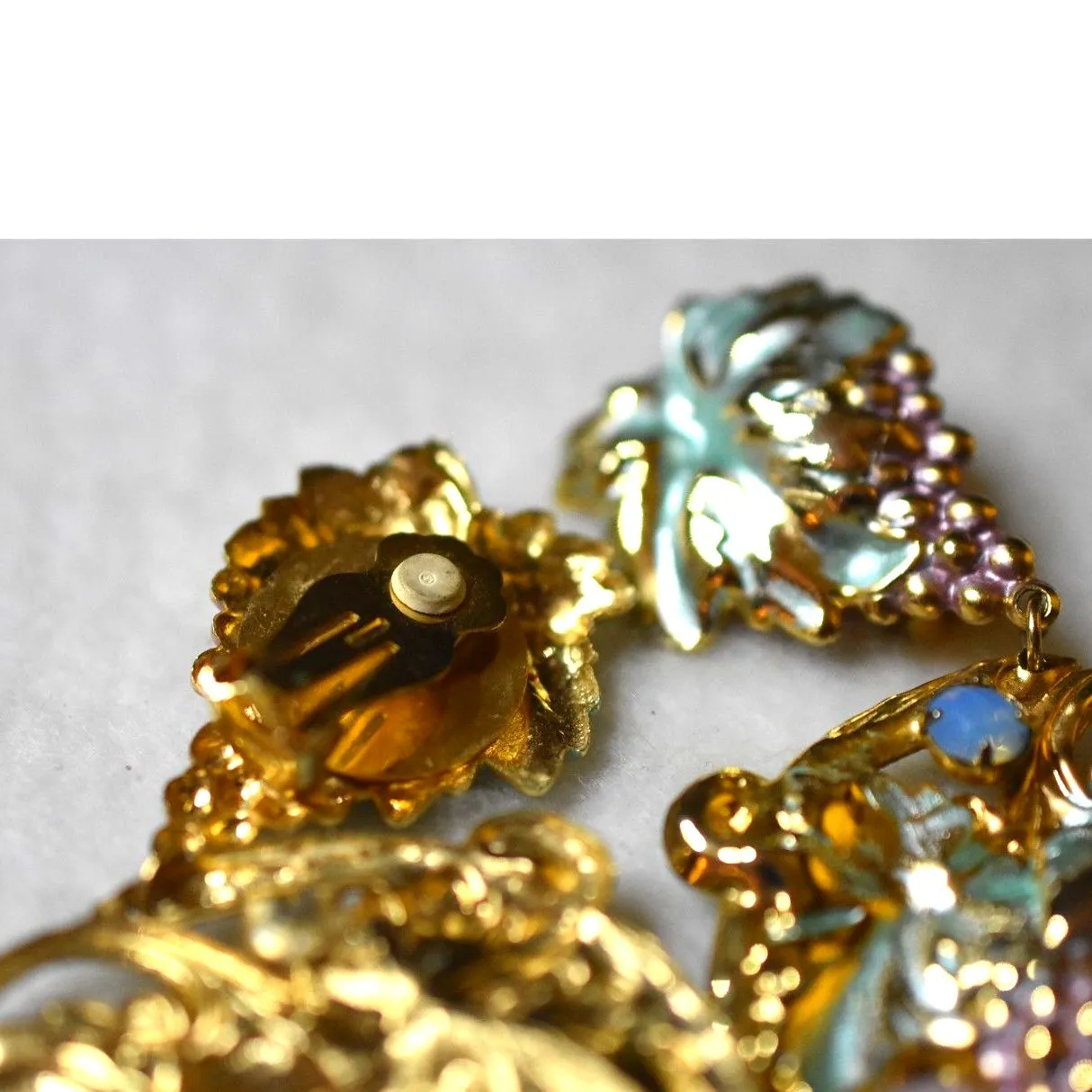 Vintage Banana Bob Multi Color Enamel Blue/Pink/Green Crystals 3.5" Earrings Gold - Image 4