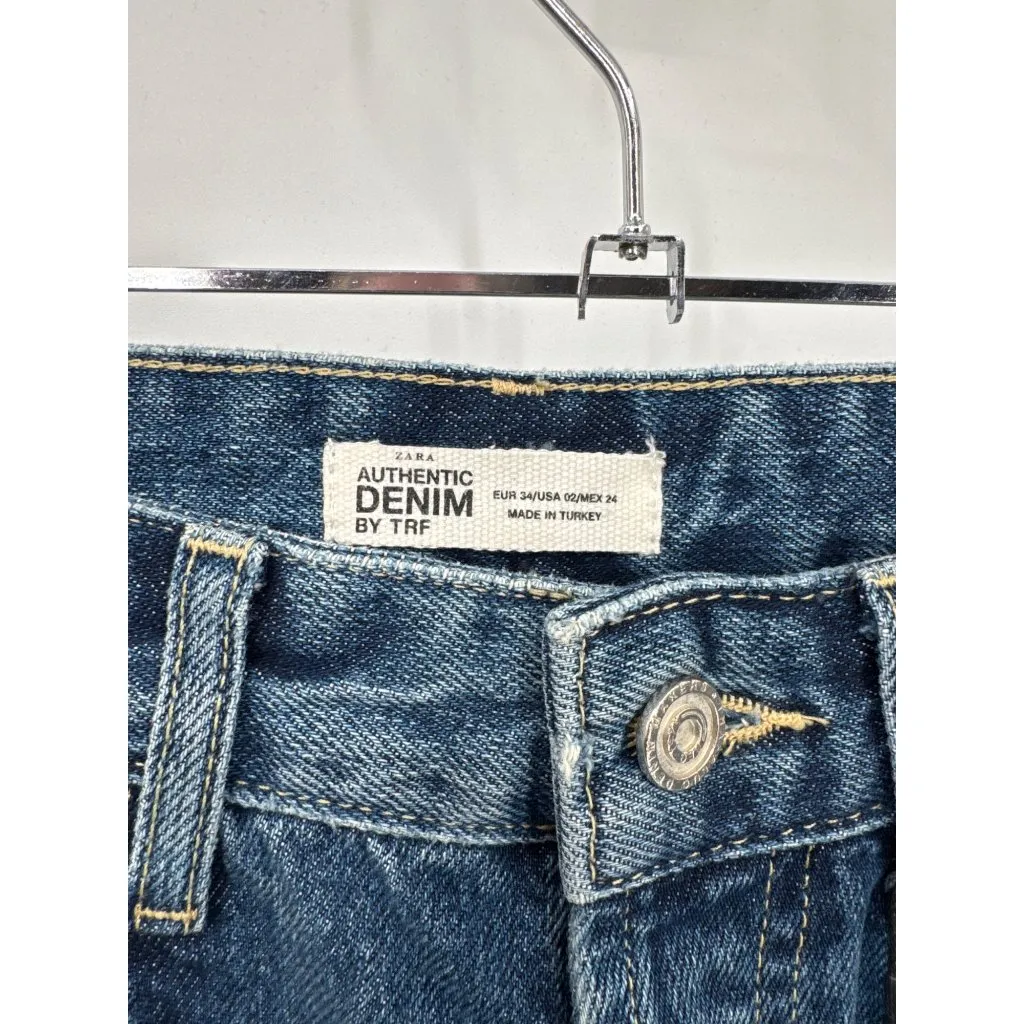 Zara Straight Leg Button Fly Jeans Womens 2 Blue Cotton Raw Hem Side Slit NEW‎ - Image 5