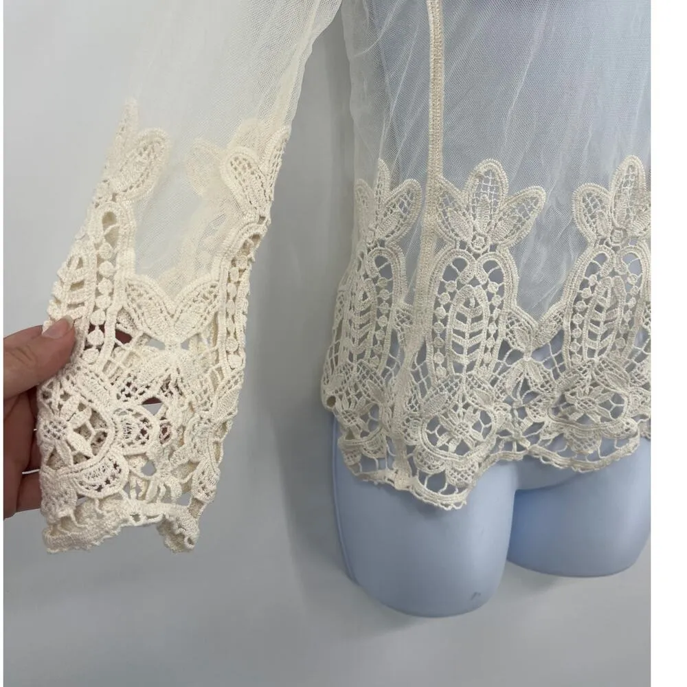 Express Crochet Micro Mesh Womens Top Sz XS Cream Festival Dainty Boho Cottage - Image 3