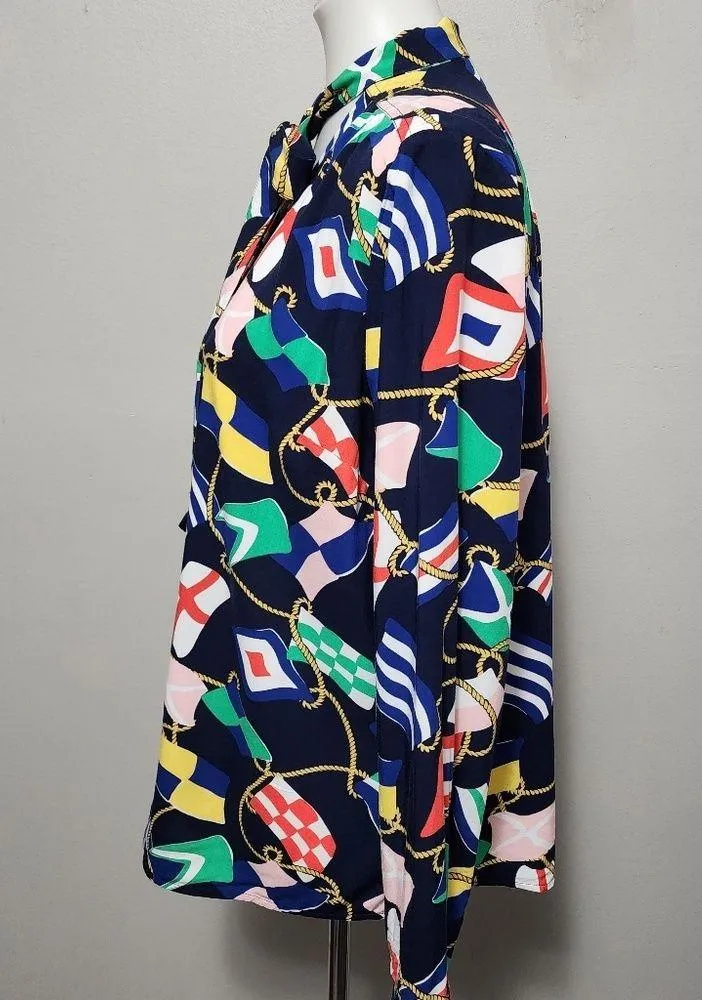 Crown & Ivy Navy Nautical Flag Print Tie Neck Long Sleeve Blouse Size Large - Image 3