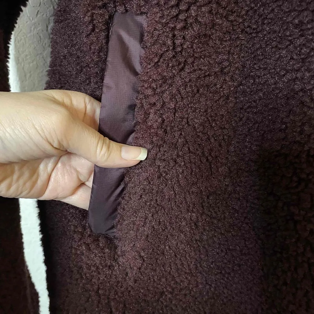 Athleta Women Maroon Snap Button Zip Pockets Sherpa Sweatshirt‎ Jacket Size XS - Image 4