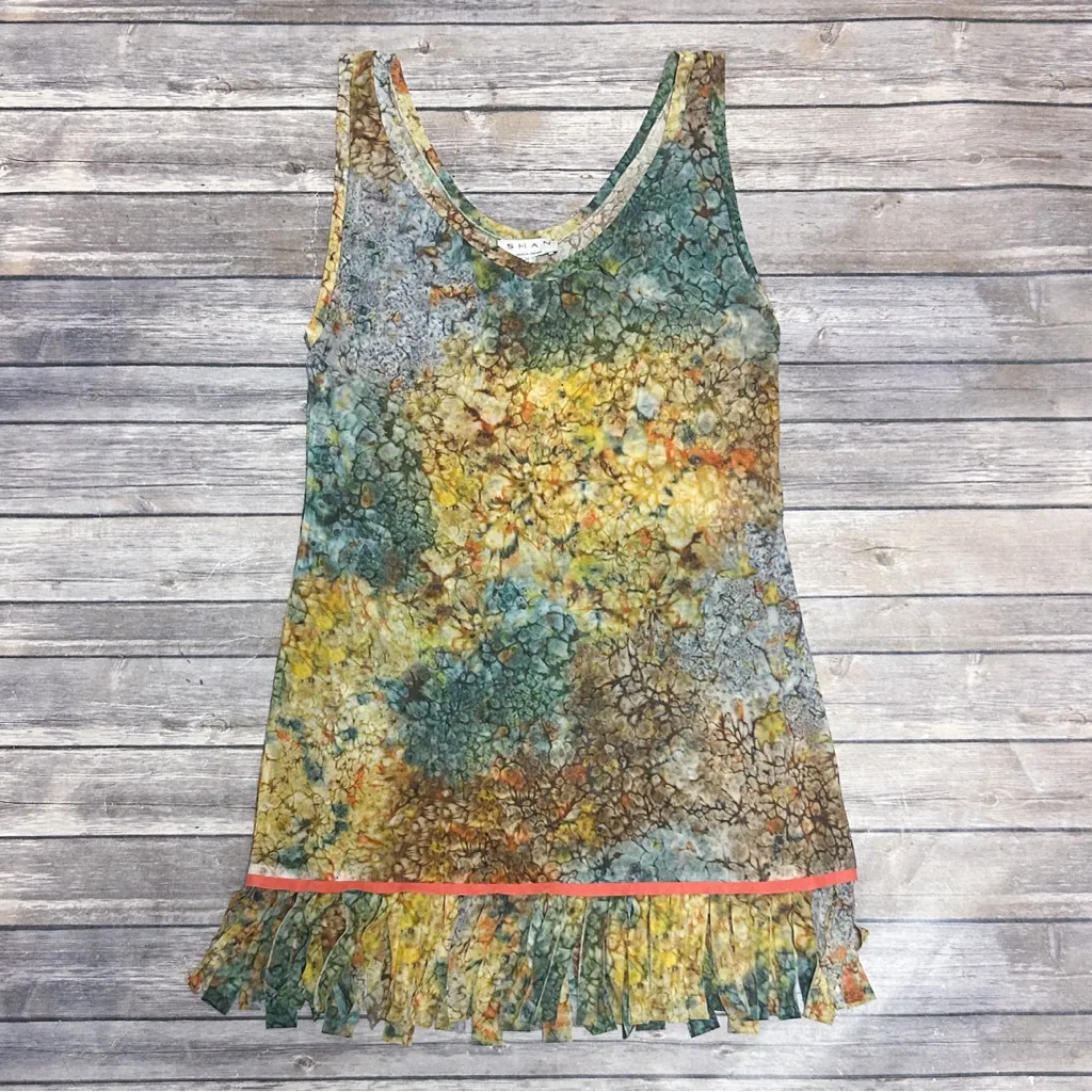 Shan Canada Abstract Mesh Scoop Neck Sleeveless Fringe Layered Mini Dress Tunic Yellow Size 10 - Image 6