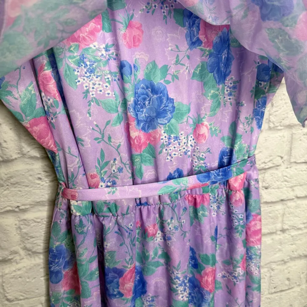 Vintage Lynn Bee Angel Sleeve Tiered Dress Purple Floral Belt Size L 80s Size L - Image 5