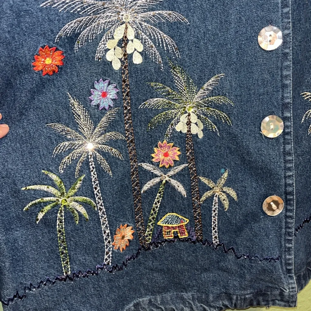 Deadstock Vintage Blue Jean Jacket Embroidered Palm Trees Size 3X - Image 5