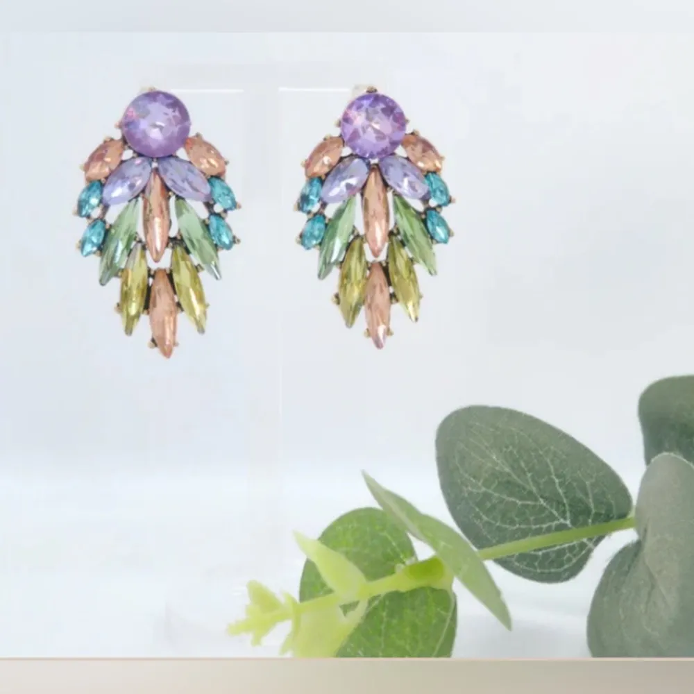 marquise mixed pageant, crystal multi color pastel rhinestone earrings New Pink - Image 6