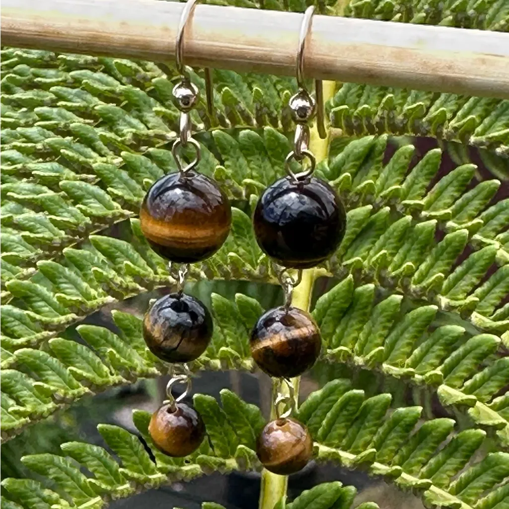 Handmade Triple Tiger’s Eye Gold Filled Dangle Drop Earrings - Image 4