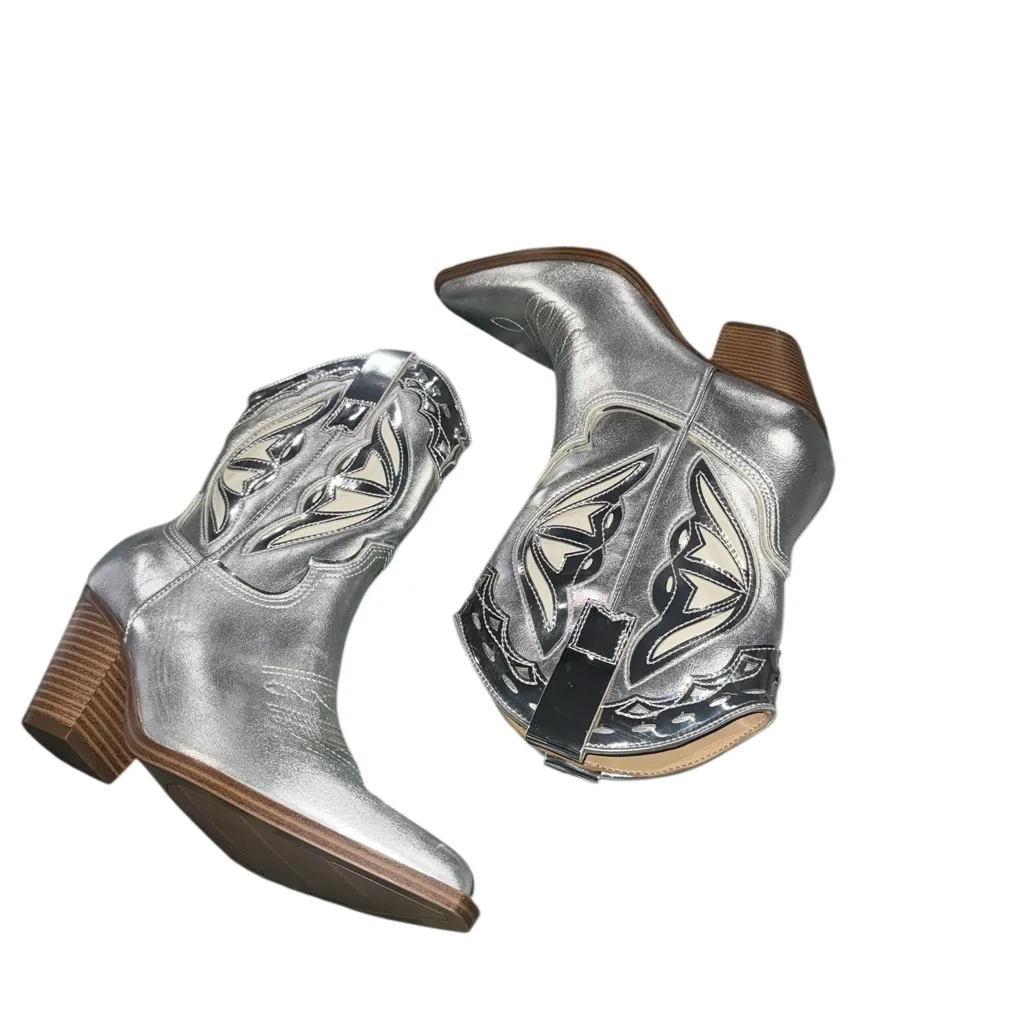 NEW NINE WEST $159 Puzz Western Booties Silver Metallic - Image 8