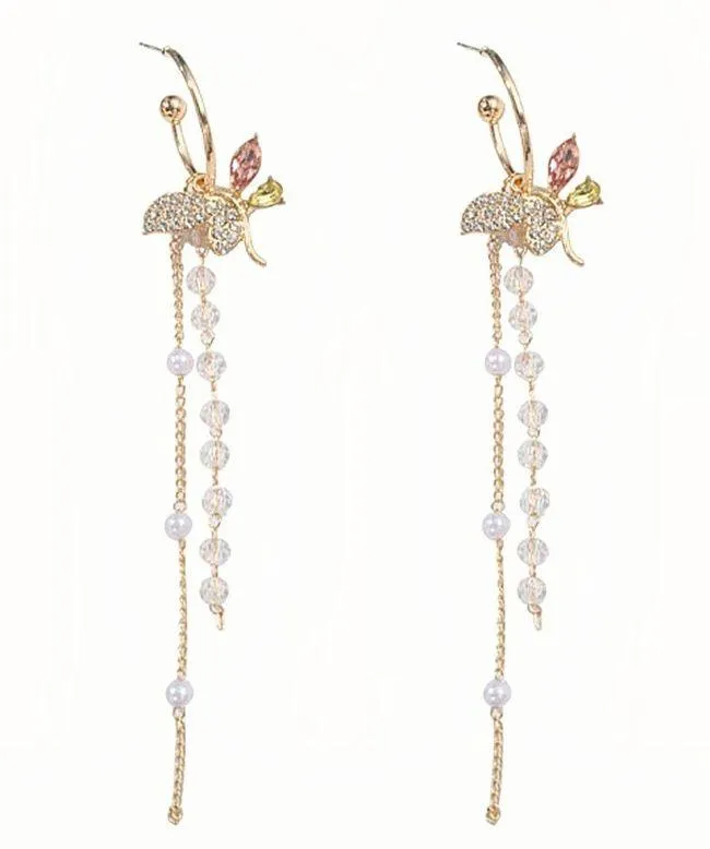 Gold Butterfly Crystal Pearl Long Tassel Dangle Drop Earrings for Women - Image 2