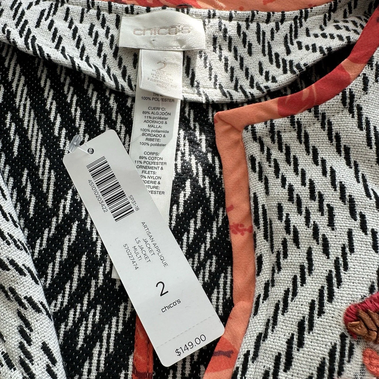 NWT Chico’s Artisan Applique Floral Embroidered 3/4-Sleeves Open Front Jacket 2 - Image 3