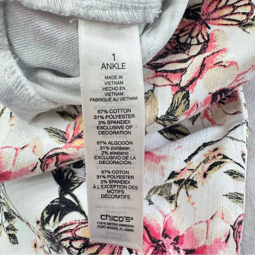 Chico’s Girlfriend Slim Leg Ankle Pants White with Pink Flowers and Butterflies - Image 8