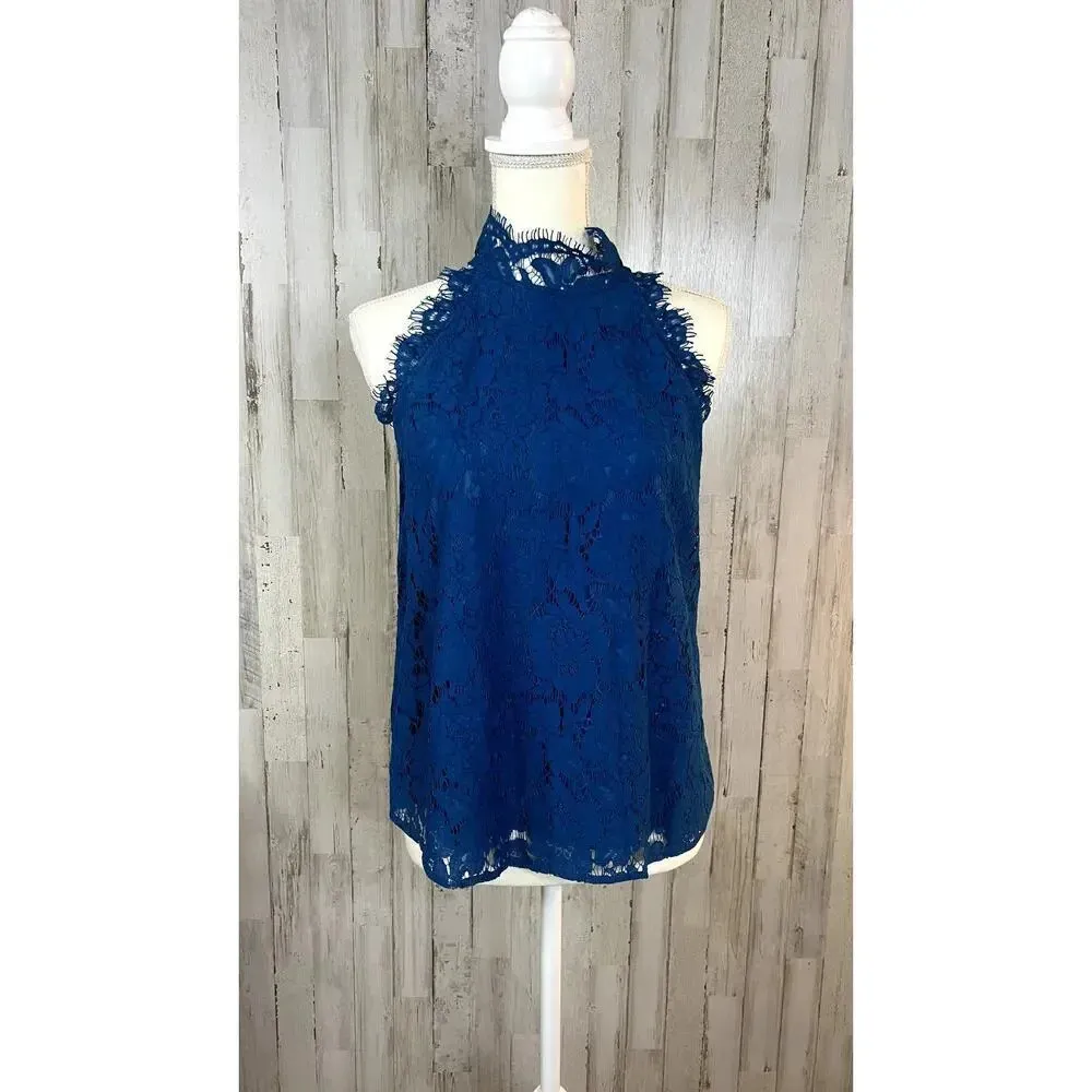 Diane Von Furstenberg Women's Small‎ Jemmie Blue Lace High Neck Sleeveless Top - Image 2