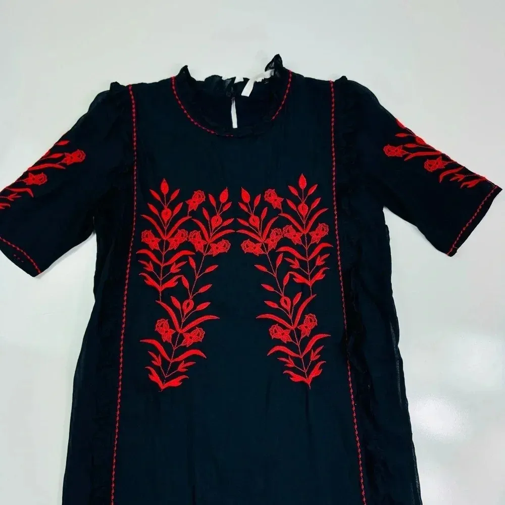 Zara Embroidered Dress‎ Floral Ruffle Trim Black Red Short Sleeve Size XS - Image 4