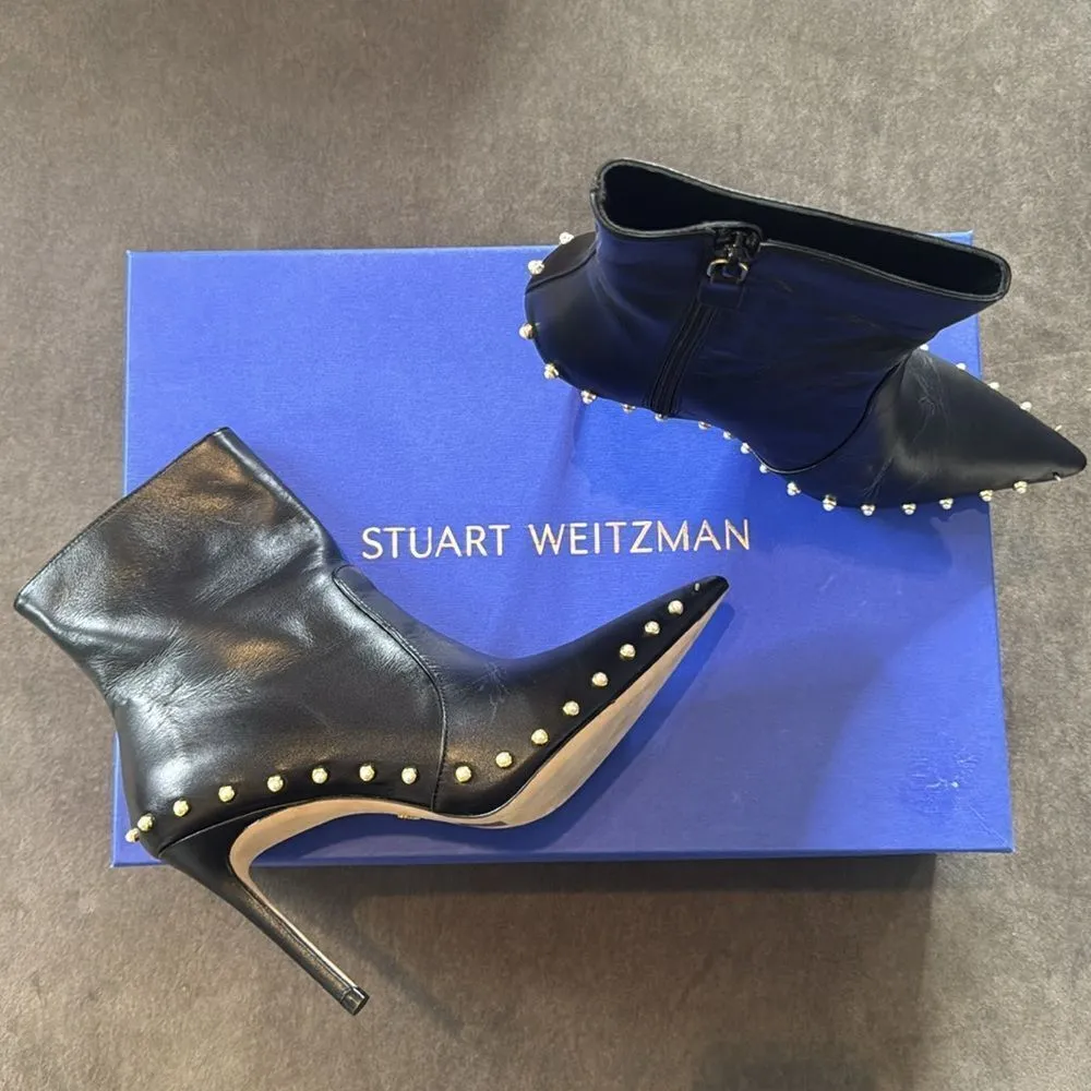 Stuart Weitzman Faux Pearl Studded Calf Leather Black Ankle Boots Zip 7.5B *READ - Image 2