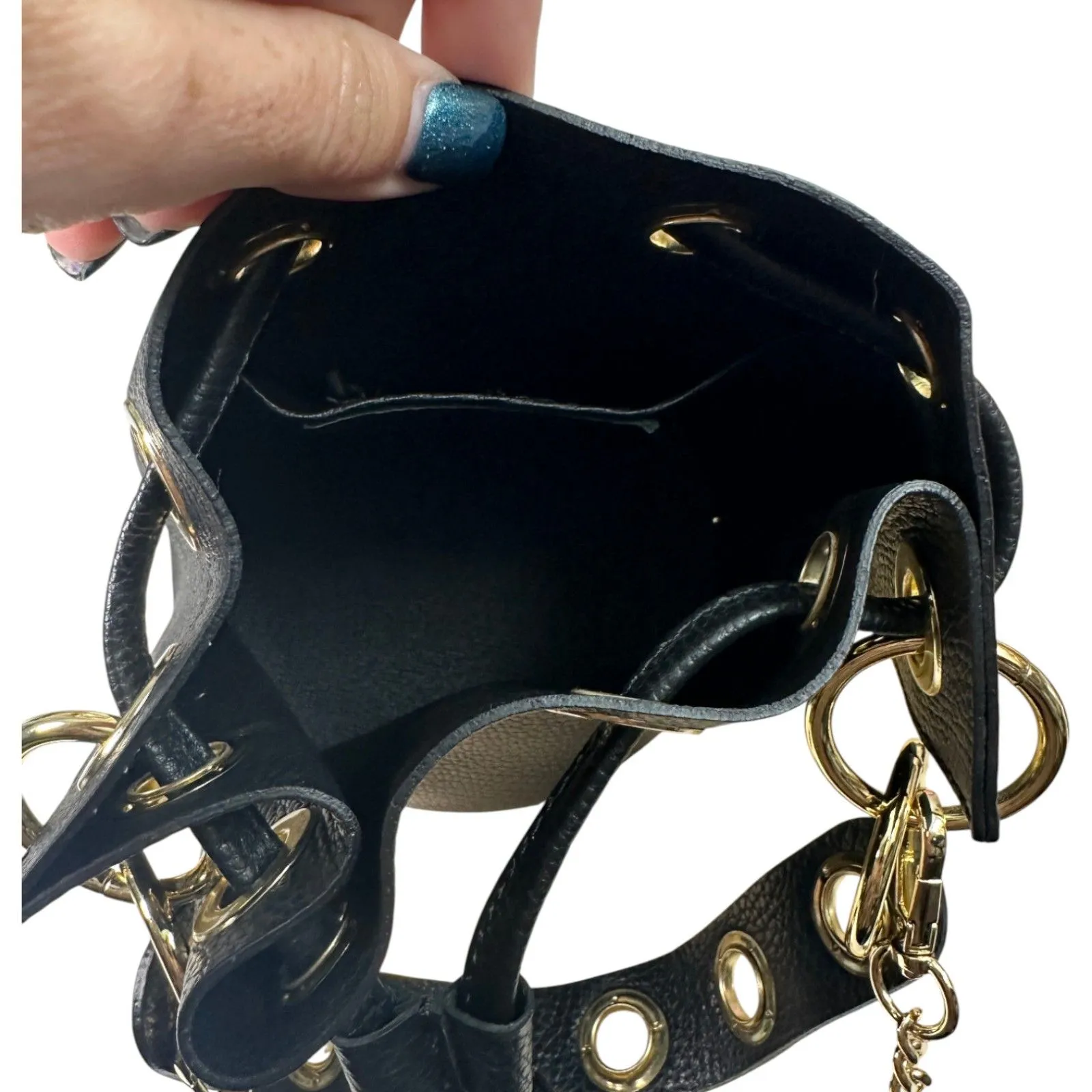 Italian Leather Gold Hardware Mini Drawstring Bucket Bag Satchel Crossbody Black - Image 6