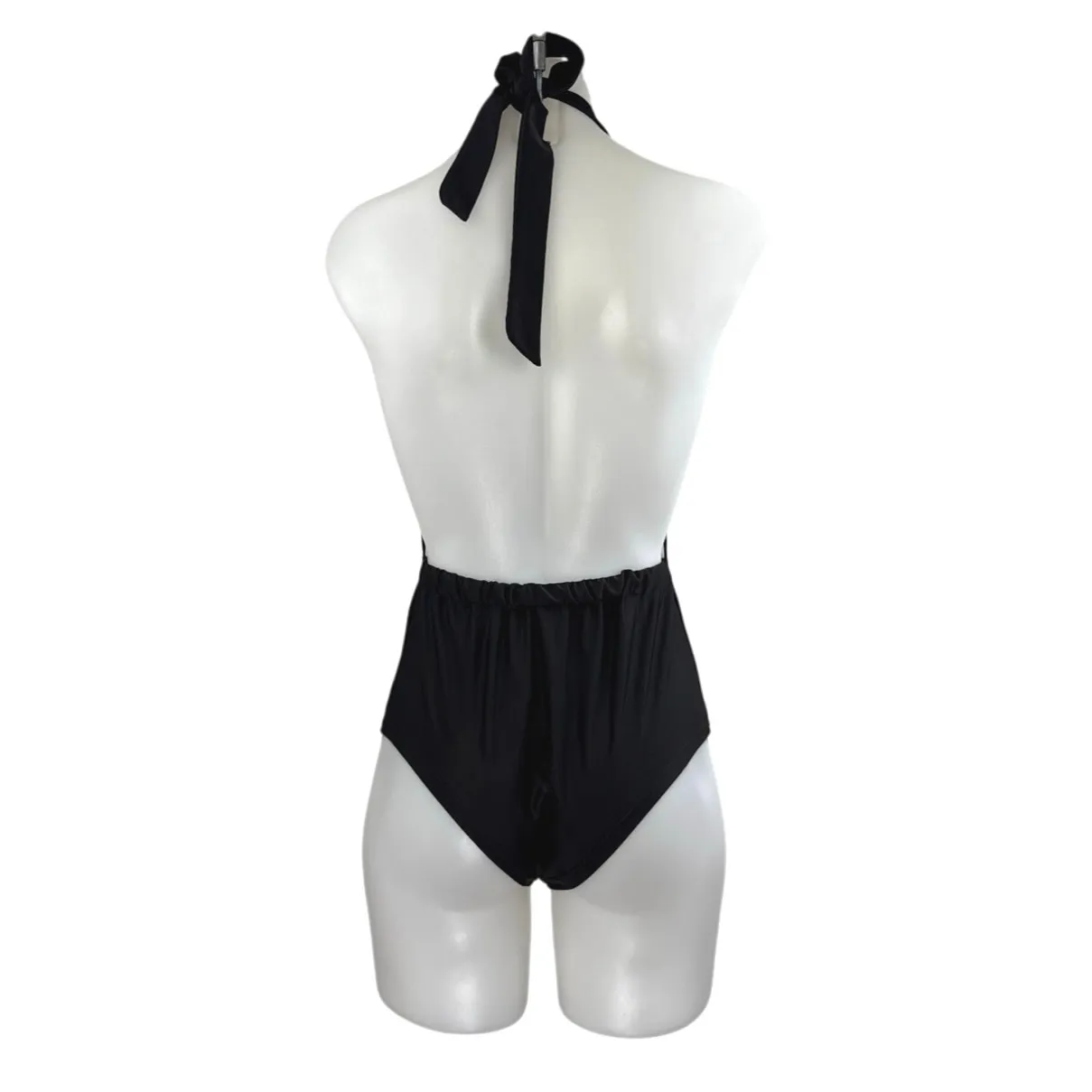 NEW Zaful Black Lace Splicing Halter High Waist One-Piece Swimwear Swimsuit Sz M - Image 3