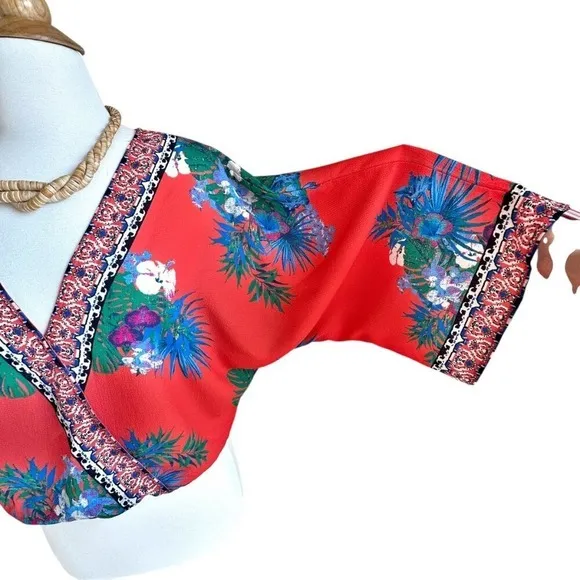 Flying Tomato Wrap Blouse Orange Multicolor Boho Tropical‎ Elastic Waist Medium - Image 10