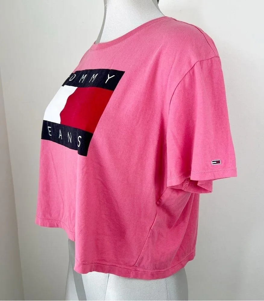 Tommy Jeans Cotton Flag Cropped T Shirt Size Large Pink - Image 3