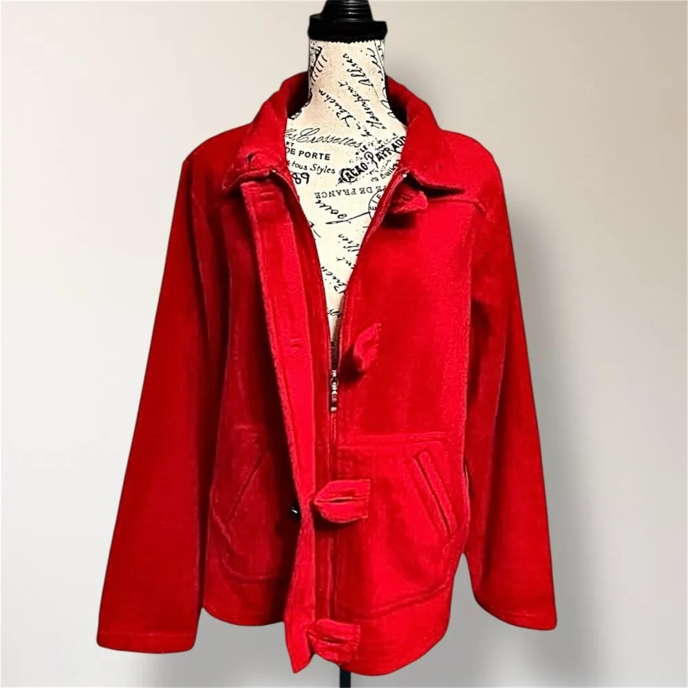 Dressbarn L Red Fleece Toggle Button Jacket Mock Neck Pockets Cozy Outerwear - Image 2