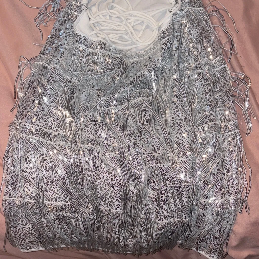 Silver Sequin Fringe Dress - Image 5