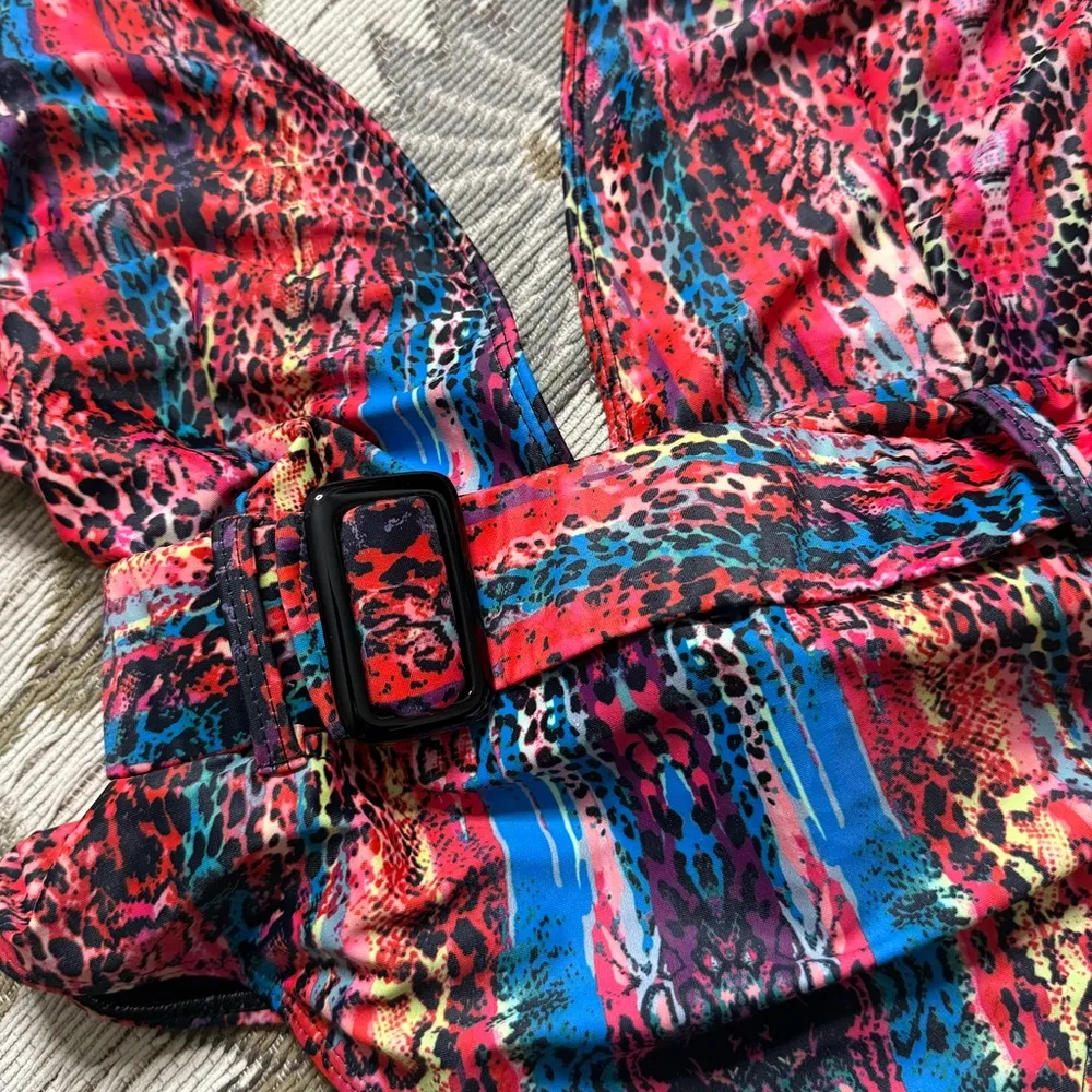 Matte Collection Swimsuit One Piece Deep V Animal Print Belted XL Red - Image 4