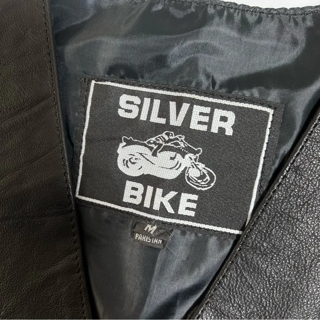 Silver Bike Black Leather Motorcycle Vest Size M - Image 7