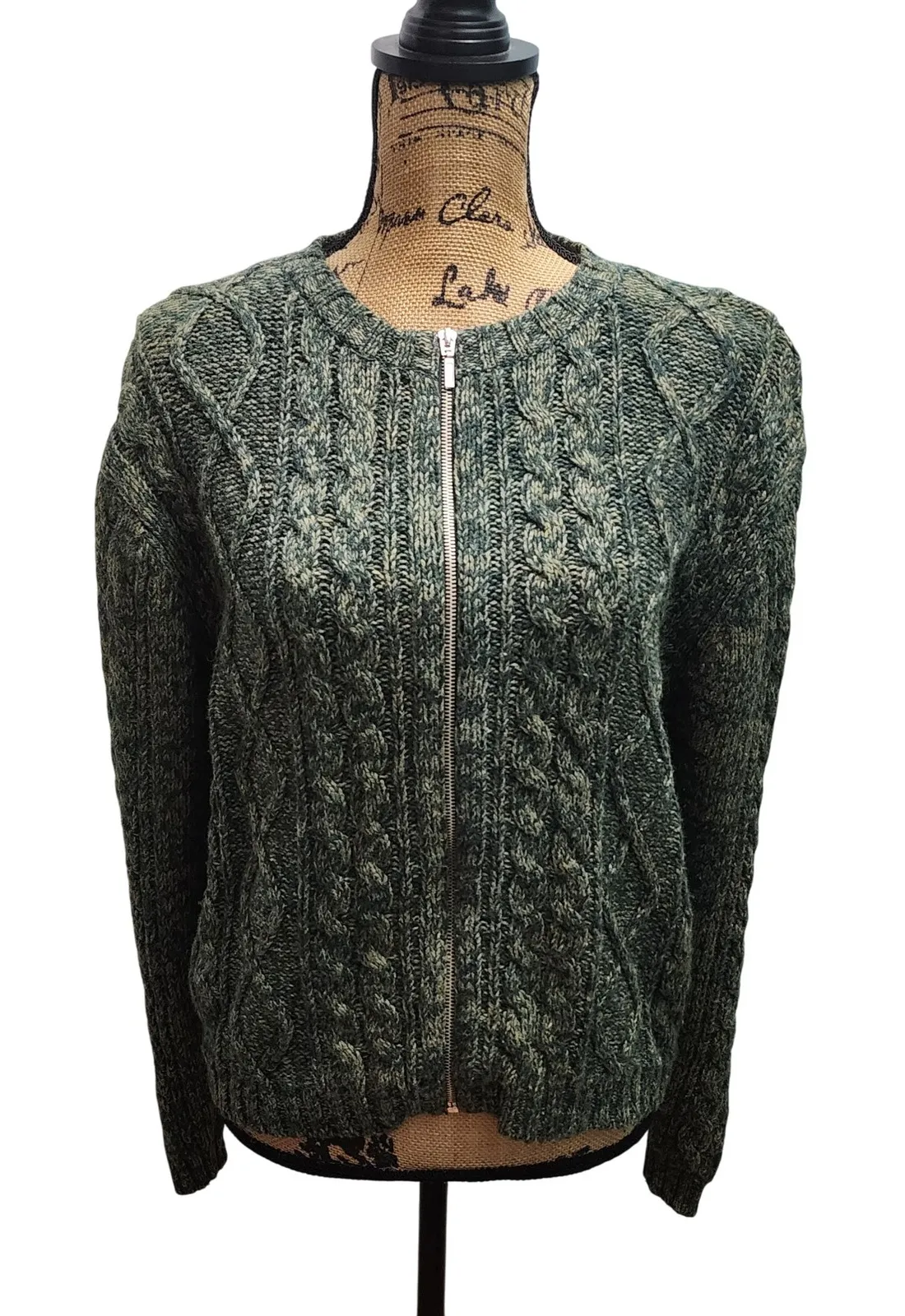 Montana Blues Womens Cable Knit Zip Up Cardigan Sweater Olive Green L Size L - Image 1