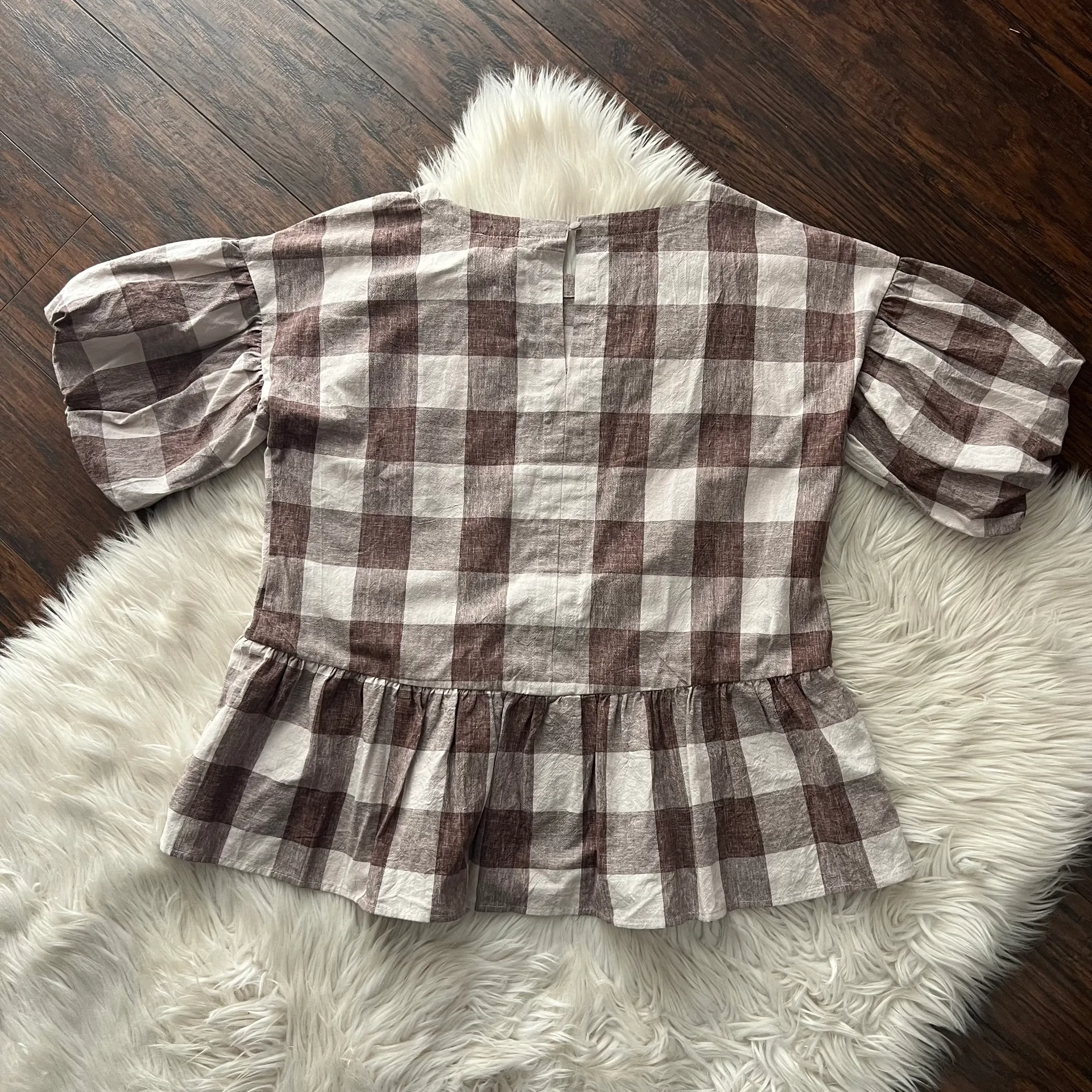 Brown Plaid Short Puff Sleeve Peplum Top - Image 6