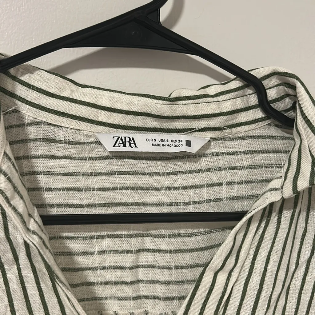Zara Linen Blend Beachy Boho Button Down Striped Green Shirt Size Small - Image 2