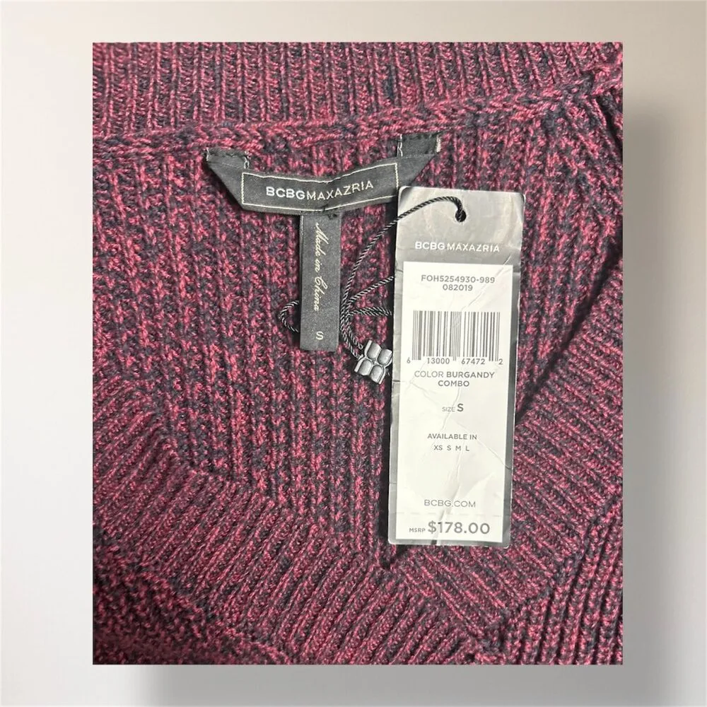 BCBGMAXAZRIA Burgundy Red Knit Oversized V Neck Sweater Long Sleeve Cotton Blend - Image 5