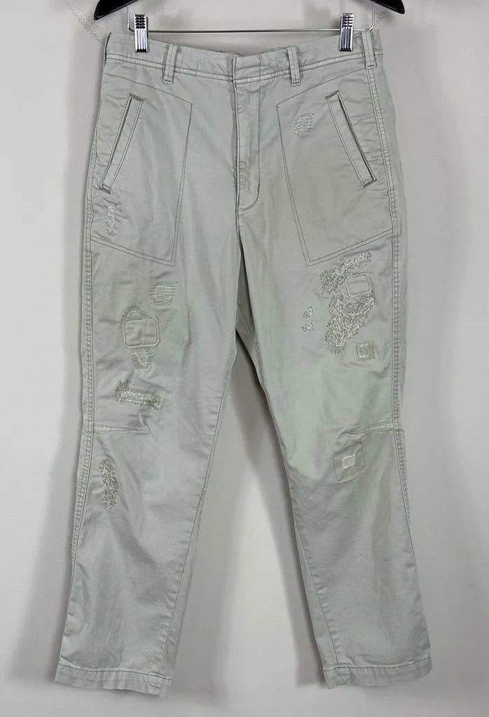 Pilcro Hyphen Patchwork Distressed Barrel Chino Pants in Muted Khaki Sz 28 Tall - Image 1