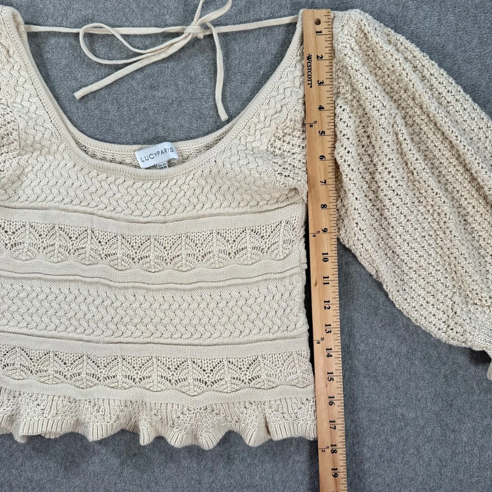 Lucy Paris Knit Puff Sleeve Blouse Women's XS Beige Ruffle Hem Tie Back Boho - Image 6