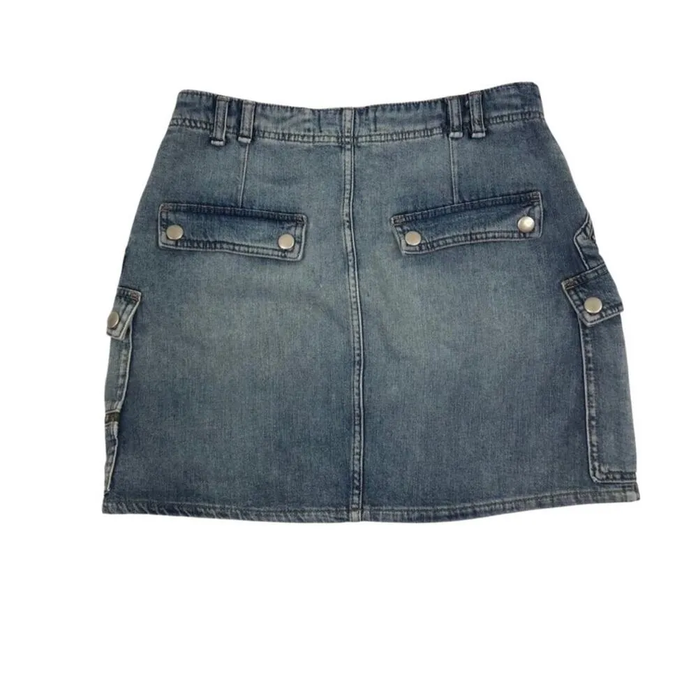 FREE PEOPLE Mini Denim Skirt Sz 28 Blue Cargo Grunge Boho Mean Girl Cowgirl Y2K - Image 6